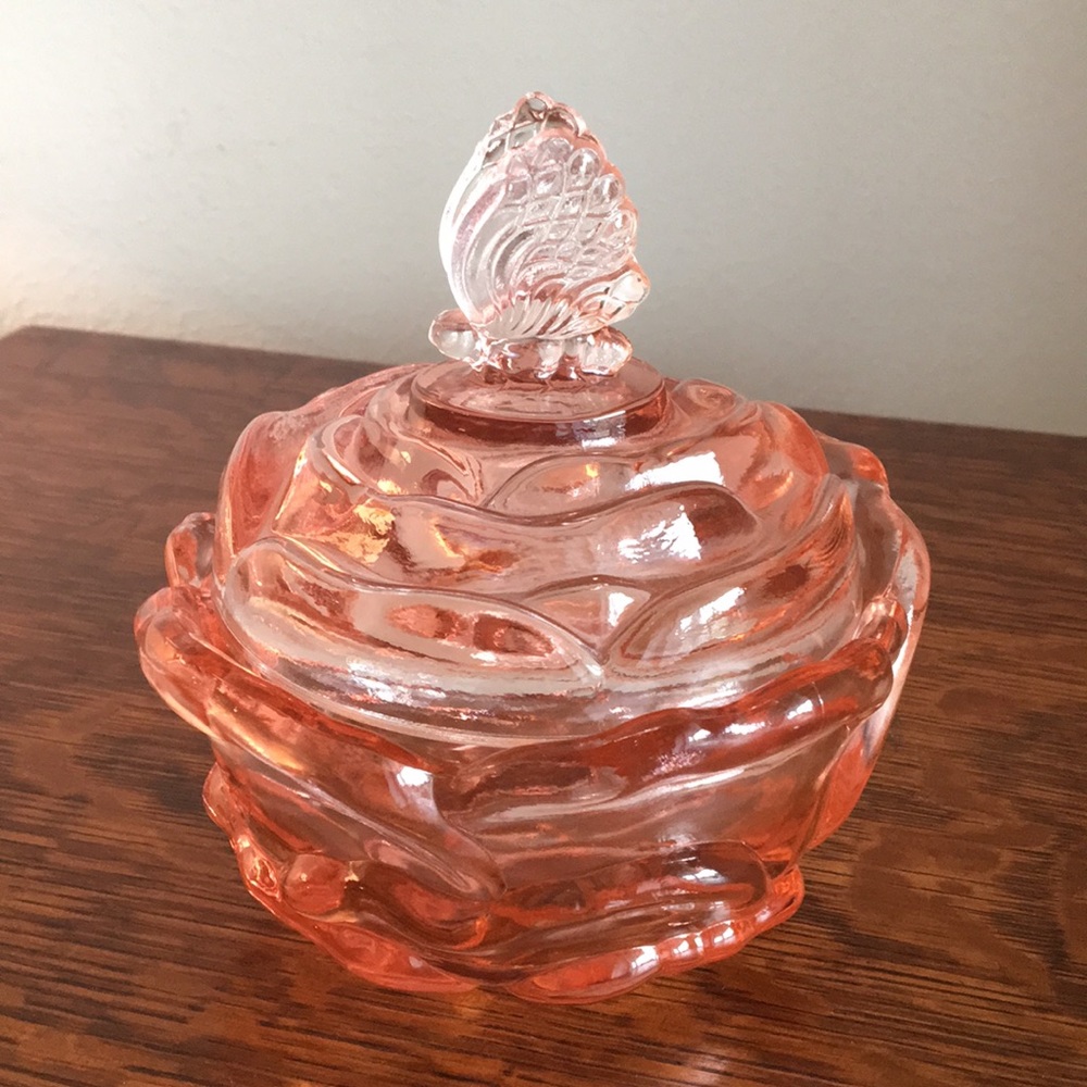 Pink Fenton Rose Bowl w/Butterfly Cover
